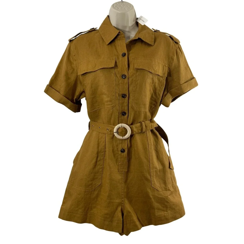 Banana Republic Womens Petite S 100% Linen Utility Romper Ochre Brown NEW